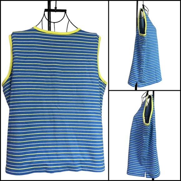 Ladies Blue Summer Knit Tank Top White & Yellow Stripes Contrasting Yellow Trim - Picture 2 of 13